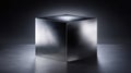 Shiny Metal Cube on Dark Reflective Surface, Abstract Geometric Background Royalty Free Stock Photo