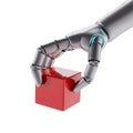 Robotic hand delicately holding red cube, showcasing precision and technological advancement elegantly Royalty Free Stock Photo