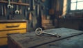 Gleaming silver key on rustic wooden counter in workshop setting with organized tools and key racks in the background Royalty Free Stock Photo