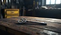 Gleaming silver key on rustic wooden counter in workshop setting with organized tools and key racks in the background