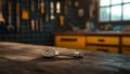 Gleaming silver key on rustic wooden counter in workshop setting with organized tools and key racks in the background