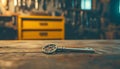 Gleaming silver key on rustic wooden counter in workshop setting with organized tools and key racks in the background