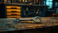 Gleaming silver key on rustic wooden counter in workshop setting with organized tools and key racks in the background