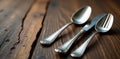 Gleaming silver spoons, forks, knives on rustic wood , macro, cafe, shiny