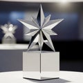 Gleaming Silver Star Trophy on a Reflective Pedestal in a Softly Lit Environment award metallic Royalty Free Stock Photo