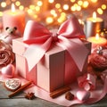 Cozy Composition with Shiny Gift Box and Pink Bow Ribbon, Bokeh Lights Background. Generative ai for illustrations