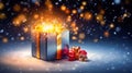 Gleaming Treasures: Festive Bokeh Setting with Gift Box - Generative AI