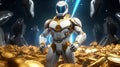 Gleaming white and gold fantasy robot in 3d rendering, concept of advanced futuristic technology