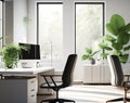 Modern Office, Gleaming white workstations, bask in the warm glow of natural light Royalty Free Stock Photo