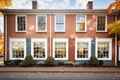 gleaming windows of a brick colonial home with reflection of trees Royalty Free Stock Photo