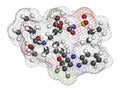 Glecaprevir hepatitis C virus drug molecule. 3D rendering. Atoms are represented as spheres with conventional color coding: