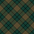 Glen pattern vector in black, gold, green. Seamless diagonal dark tartan check plaid for dress, skirt, blanket.