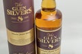 Glen Silver`s aged 8 years blended scotch whisky bottle and box closeup against white