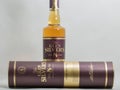 Glen Silver`s aged 8 years blended scotch whisky bottle and box closeup against white