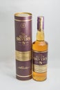 Glen Silver`s aged 8 years blended scotch whisky bottle and box closeup against white