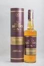 Glen Silver`s aged 8 years blended scotch whisky bottle and box closeup against white