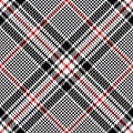 Tweed plaid pattern vector. Seamless geometric design. Glen fabric texture in black, red, and white.