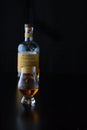 A glencairn glass framed in a bottle of scotch whiskey