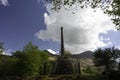 Glencoe Massacre Memorial cross in Glencoe village, Scottish Highlands on a sunny day with blue sky and clouds.