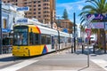 Bright yellow tramway on Moseley square. Glenelg, Australia