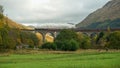 Glenfinnan, United Kingdom - 17 OCTOBER 2019 : Jacobite steam train crossing famous viaduct in Scottish Highlands. Royalty Free Stock Photo