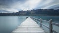 Glenorchy wharf wooden pier and lamp after sunrise, South island of New Zealand