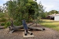 Capture site of Ned Kelly in Glenrowan, VIC. View with a wooden figure and Royalty Free Stock Photo