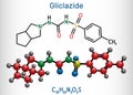 Gliclazide molecule. It is sulfonylurea compound with hypoglycemic activity, used for treatment of non-insulin-dependent diabetes