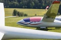 Glider on the grassy airfield. Royalty Free Stock Photo