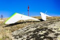 Gliders parked on mountain rock waiting appropriate wind for take off