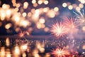 Glimmering Fireworks Reflections on Water Against a Bokeh Background