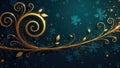 A glimmering golden branch with swirling leaves on a dark teal background, ideal for elegant designs and festive occasions. Royalty Free Stock Photo