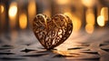 Glimmering Heart: Intricate Metallic Sculpture in Golden Evening Light