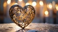 Glimmering Heart: Intricate Metallic Sculpture in Golden Evening Light