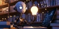 Glimmering light effects enhance Unreal Engine rendering of robot, light bulb held.