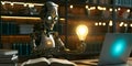 Glimmering lights enhance Unreal Engine rendering of robot, light bulb held. Royalty Free Stock Photo