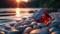 Red Gemstone on Smooth Stones at Sunset Royalty Free Stock Photo