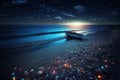 Glimmering Shores: A Pale Blue Beach Adorned with Colorful Glowing Stones