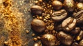 Glimmers of Liquid Gold, A Mesmerizing Heap of Coffee Beans Adorned With Golden Flecks