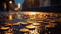 Glimmers of Wealth: Euro Coins Resting on Rain-Soaked Asphalt at Night