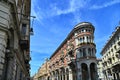 Glimpse of ancient downtown arcades in Rome street Turin Italy