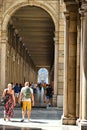 Glimpse of ancient downtown arcades in Rome street Turin Italy