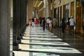 Glimpse of ancient downtown arcades in Rome street Turin Italy