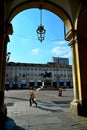 Glimpse from arcade of picturesque baroque Saint Charles square Turin Italy