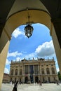 Glimpse of baroque historical Madama Palace through arcade in Castle Square