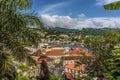 A glimpse through the foliage towards the inner harbour in St George in Grenada Royalty Free Stock Photo