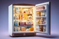 Open refrigerator with dairy products