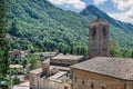 Village of Ganna in Valganna with the Roman style bell tower of Abbey of San Gemolo, Italy