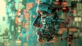 A glimpse of a pixelated cybernetic character navigating through a digital world filled with obstacles and challenges