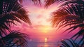 Glimpse the serene sunset framed by palm tree leaves, adorned with pastel hues, evoking the essence of summer